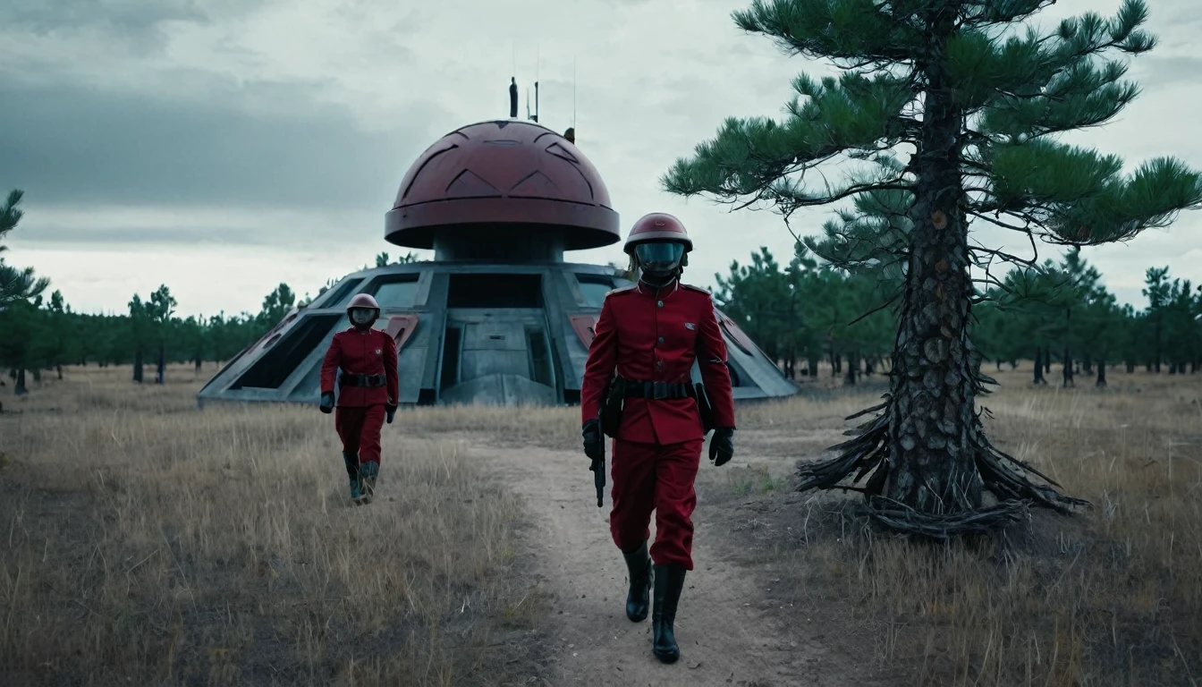 Soldiers in a dark red military uniform in a futuristic helmet near a military post in the middle of the steppe with some pine trees and a little drought, dark atmosphere