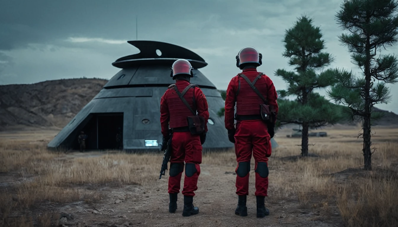 Soldiers in a dark red military uniform in a futuristic helmet near a military post in the middle of the steppe with some pine trees and a little drought, dark atmosphere