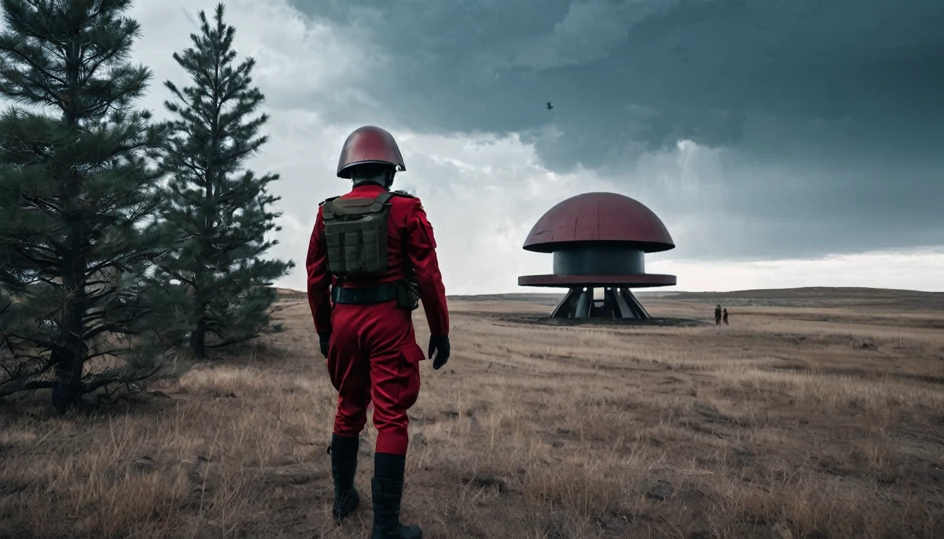 Soldiers in a dark red military uniform in a futuristic helmet near a military post in the middle of the steppe with some pine trees and a little drought, dark atmosphere