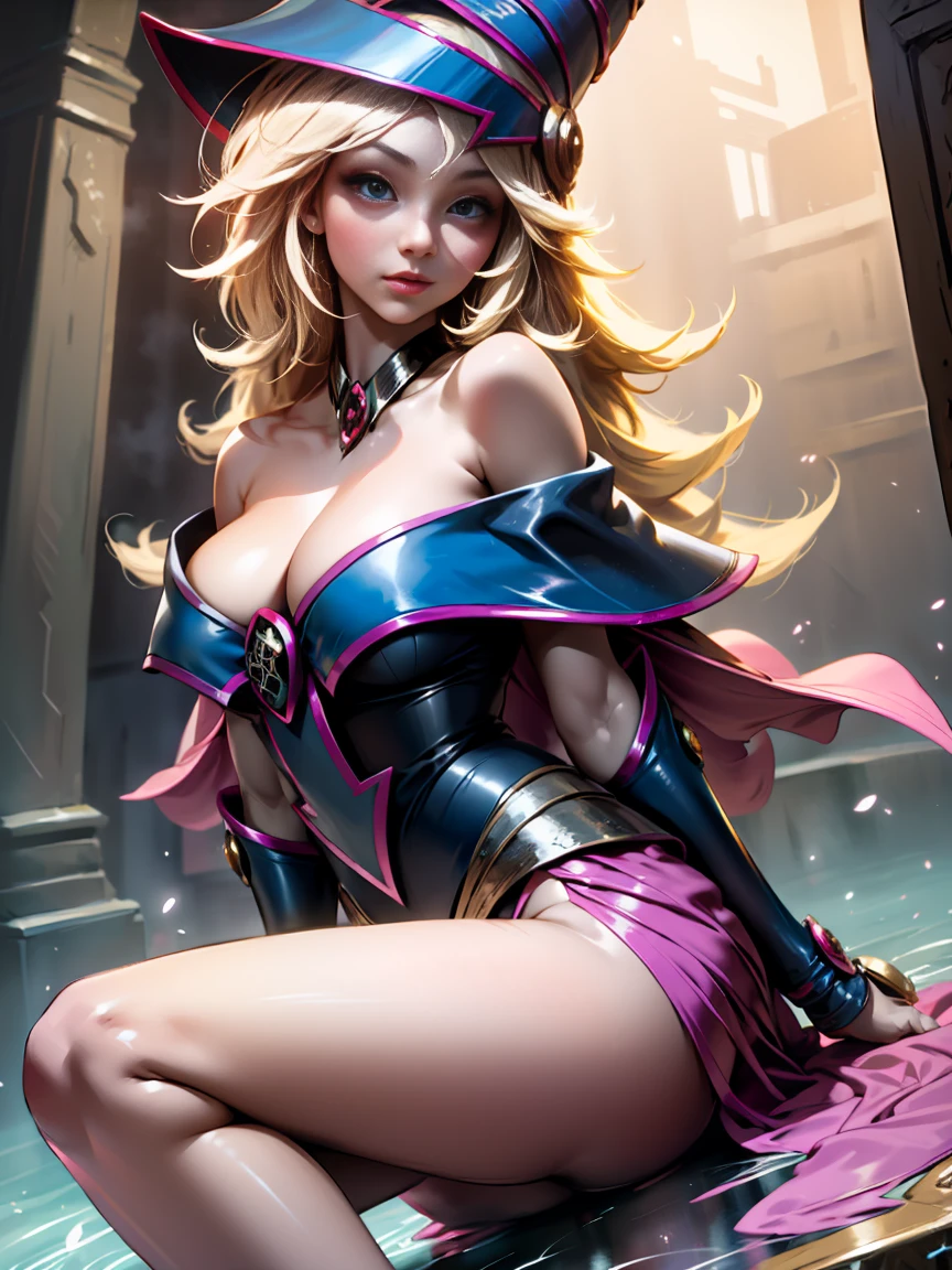 1 girl, only,beautiful, , sitting on the water, Wizard hat, neckline, bare shoulders, dress, off the shoulder, magical, Distrust, particles, hearts, amar,Grinding, High details, digital art, Masterpiece,,beautiful,beautifuls ojos, magic. Sensual and innocent pose. seductive sexy miranda