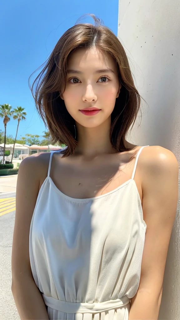 (8k, highest quality, masterpiece: 1.2), Super detailed, highest quality, Ultra-high resolution, Depth of written boundary,(Super detailedな,Caustics),(Photorealistic:1.4,RAW shooting,)Ultra-Realistic Capture,(Very detailed,High definition 16K for human skin,The skin texture is natural,Skin appears even-toned and healthy),(Use natural light and colour,One Woman Wide Lighting,Natural Shading),Japanese,1 girl, Beautiful Eyes, Short, Brown hair, Showing forehead, hairstyle, White long dress, Facing forward, Upper body facing forward, Resort wear, Beach, (Sunlight:1.4)