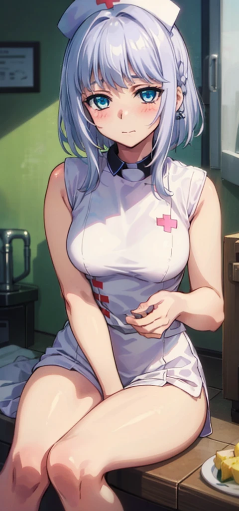 1 girl, kanon kanase,  blush, , sleeveless,((( nurse outfit))),  20-year-old, healthy skin, closed mouth, (indoors), detailed eyes. Sitting.