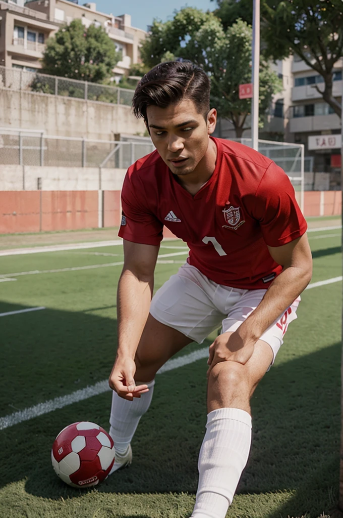 A is playing football wearing a red shirt with the number 10 on his back .cartoon 3D