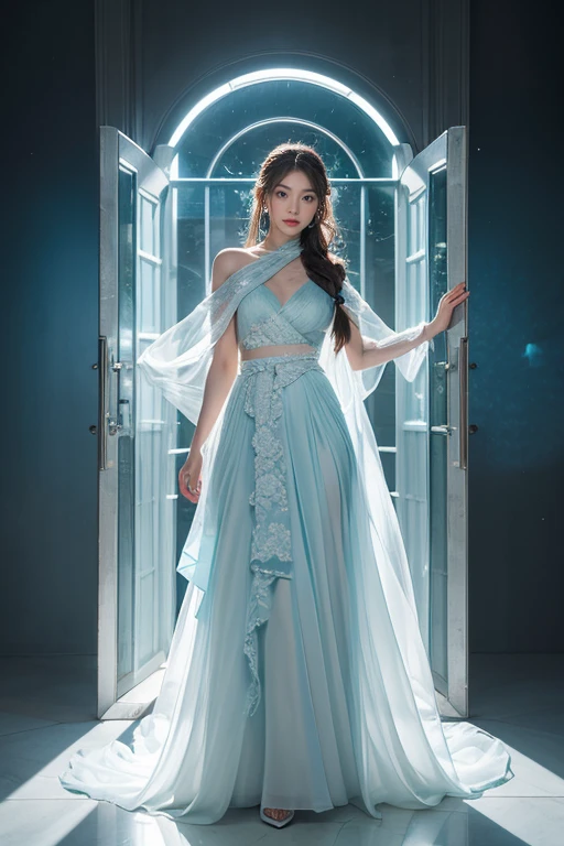 highest quality、4K、Perfect Face、Perfect Style、perfect body、Sunburn、beautiful lady、mature、braid brown hair、Swept-back hair、full body, sexy 、charming、healthy、of the highest quality、8K、model、
BREAK Abstract art with translucent light blue, white, and grey base, accented with deep blues and greens, geometric patterns resembling ice crystals combined with organic curves, the solidity of layered tempered glass and acrylic sheets, frosted and etched glass diffusing light for an ethereal feel, a majestic space with giant ice pillars and arches.