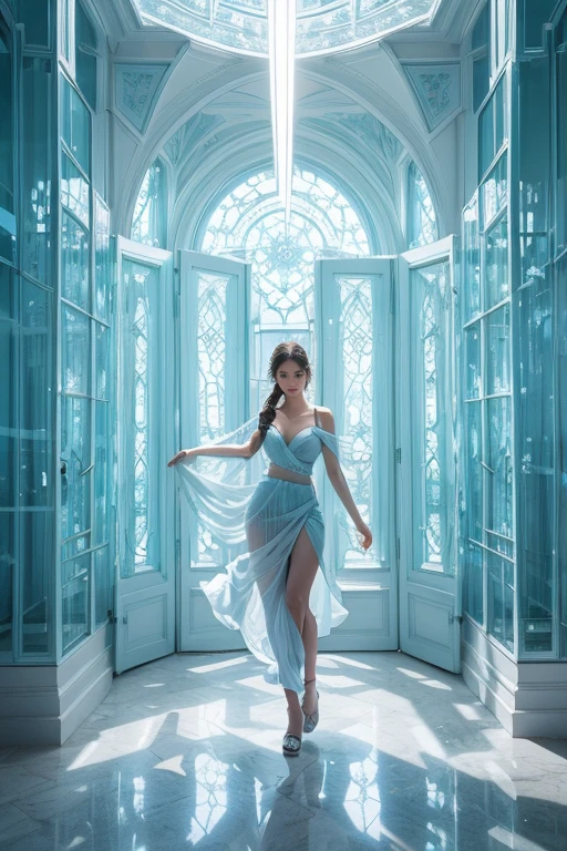 highest quality、4K、Perfect Face、Perfect Style、perfect body、Sunburn、beautiful lady、mature、braid brown hair、Swept-back hair、full body, sexy 、charming、healthy、of the highest quality、8K、model、
BREAK Abstract art with translucent light blue, white, and grey base, accented with deep blues and greens, geometric patterns resembling ice crystals combined with organic curves, the solidity of layered tempered glass and acrylic sheets, frosted and etched glass diffusing light for an ethereal feel, a majestic space with giant ice pillars and arches.
