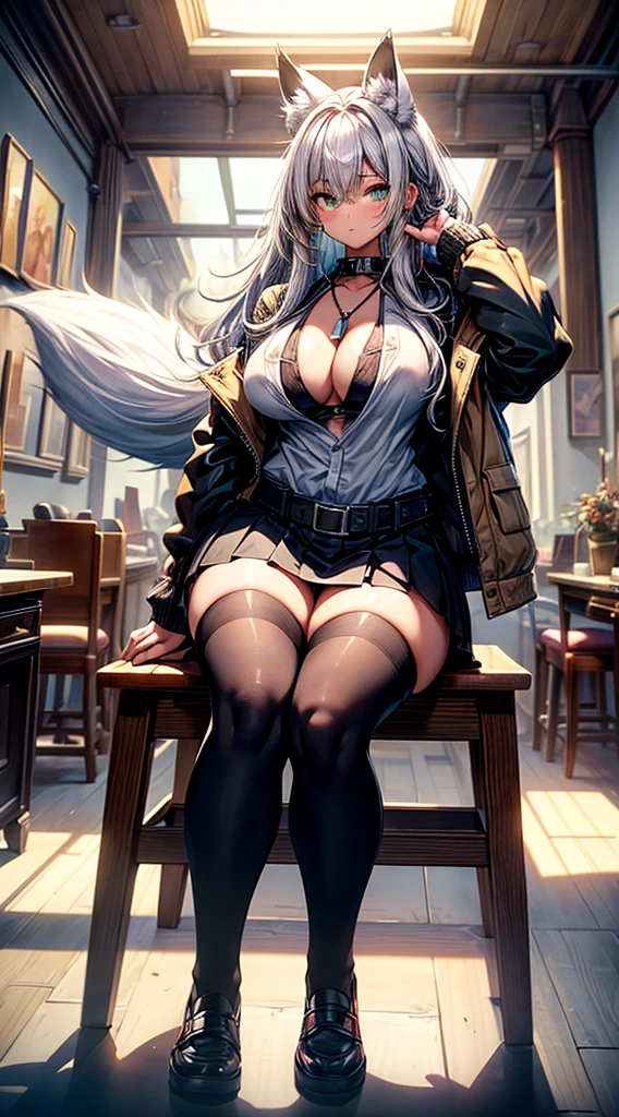/(Modern DESK Inside the house/), (work of art, best qualityer:1.4), 1 girl, standing alone, , (an extremely beautiful and delicphie), greeneyes, fox ears, (black fox tail:1.2),far away black body hair, medium body hair, body hair between eyes, hypdertailed, medium breastsout, terphi de negócios,open shirt, Black Skirt, Knee socks, moccasins, Inside the house, DESK, neckleace, closed up_gura, big fit ass_breastsout, far away_body hair, gazing_phi_viewer, へそ, signphiure, standing alone, posando,thicc thighs, tall woman, in back, narrow waisted, naughty face, confusing, suprised,(work of art, best qualityer:1.4),high qualiy, highly detailded,detailded,perfect,sitting down, on cbody hair,