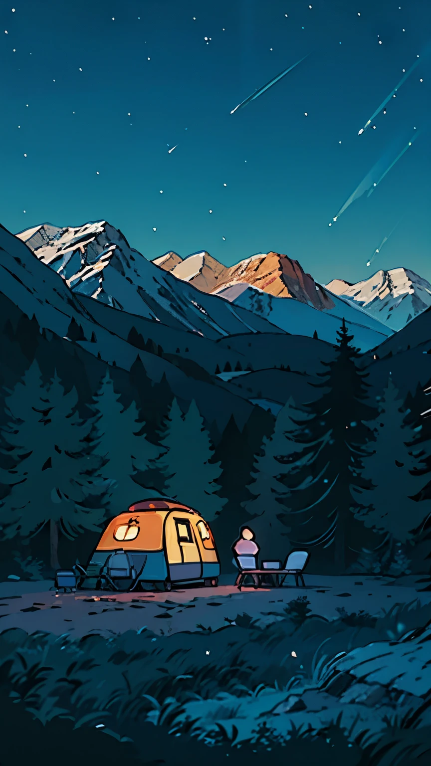 A serene night camping scene with a bright campfire at the forefront, surrounded by two chairs. An orange camper van is parked to the left, and a structure that might be part of a campsite is visible to the right. The dark blue sky is filled with stars, creating a picturesque backdrop for the outdoor leisure activity