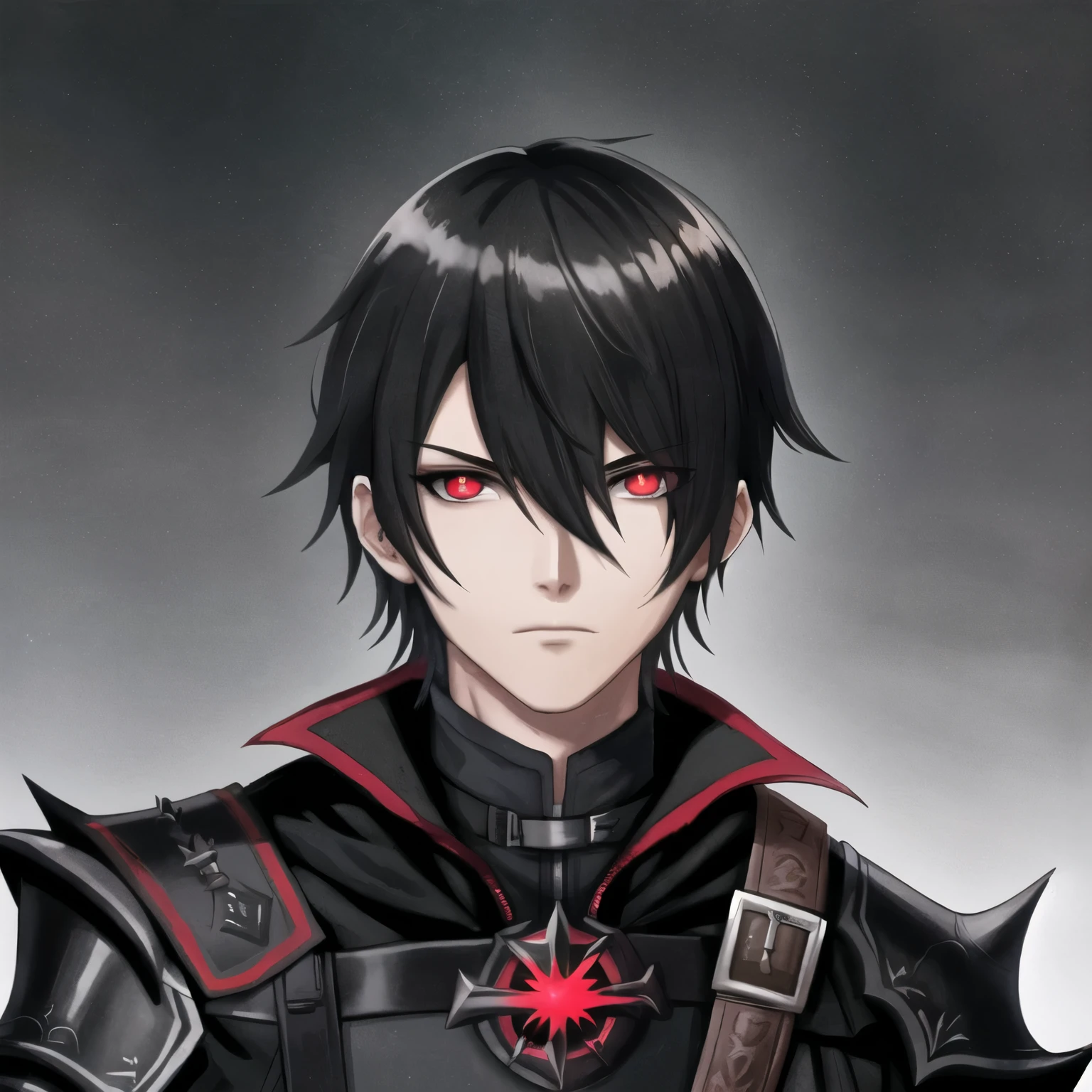 (high-quality, breathtaking),(expressive eyes, perfect face) 1boy, male , solo, portrait, Symmetrical Eyes, black hair color, red eye color, short hair length, spiky hair, Code Vein, Code Vein game character, Code Vein Clothing, Code Vein revenant, God Eater inspired clothing, red and black shirt, black cloak, grey background, modern fantasy clothing, detailed eyes, (black sclera:1.2), armor