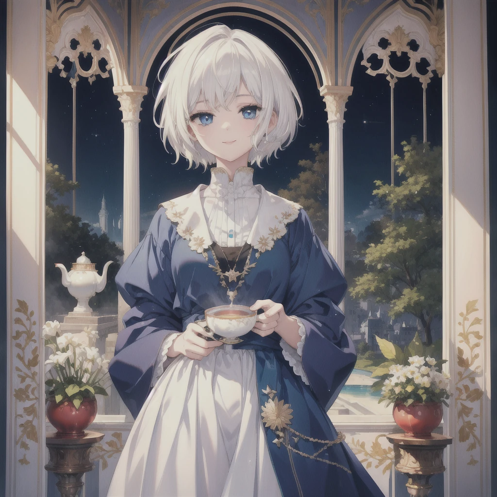 (masterpiece, Highest quality:1.2), One Girl, alone (((White Hair Short Hair blue eyes))) ((Noble clothes Drinking tea)) (smile)