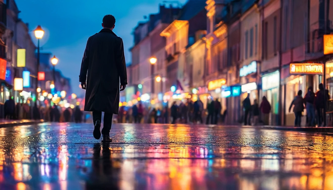A man in a long coat walks along the street, his figure silhouetted against the backdrop of a vibrant cityscape blurred into a beautiful bokeh of colorful lights. The evening sky transitions into dusk, and reflections of the city lights dance on the wet pavement, creating a serene and almost dreamlike atmosphere.