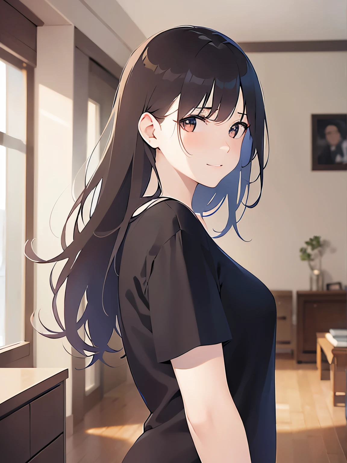 (Placing hand on face:1.3), side angle, , Realistic, real person, (pale skin: 1.2), upper body, RAW photo, photorealistic, shiny skin, shiny hair、(A 25-year-old woman with medium-length hair and bangs) and (wavy hair) and (brown hair) and (Orange Eyes) , (Black T-shirt:1.1) 、(embarrassed:1.5), smile, The background is the living room、Alone、Are standing