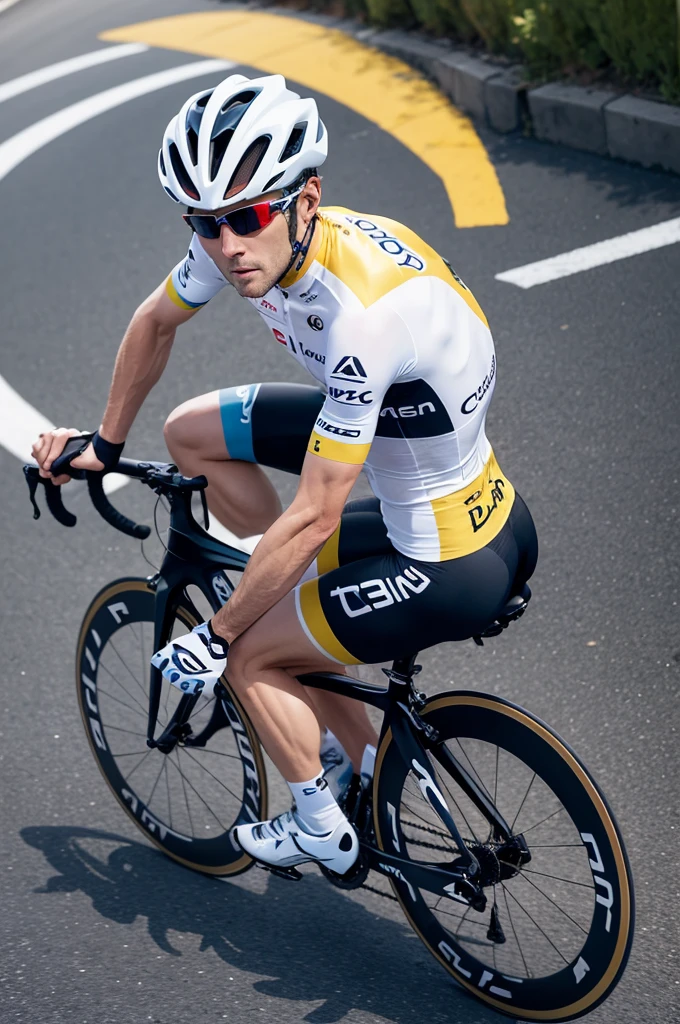 Create a realistic image of a professional cyclist riding a road bike in the Tour de France competition.