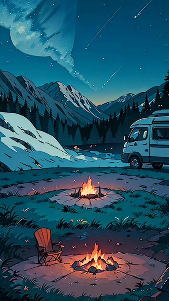 A serene night camping scene with a bright campfire at the forefront, surrounded by two chairs. An orange camper van is parked to the left, and a structure that might be part of a campsite is visible to the right. The dark blue sky is filled with stars, creating a picturesque backdrop for the outdoor leisure activity