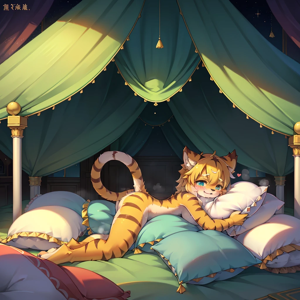 （masterpiece，best quality），my own, The Beast, , (适合任何Pillow背景的光影））, 穿着pajamas可爱女孩在Pillow上摆姿势 ，pajamas，Nature,, (blush),a smile，Pillow头,（很多Pillow），Soft cushion，，Soft pillow quotation，（Pillow损坏），很多Pillow，（Crotch rubbing），（（Pillow驼峰）），（Pillow），（A tail），，（充满细节的Pillow），（Love around the protagonist），Steam，（Pillow头），（），（豪华Pillow），（Pillow），（palace），（Palace bedroom），（Pillow），柔软的Pillow，，（Classical European style bedroom ），（excited，shy person，Lack of expressiveness，），，pillow humping,my,tiger tail,tiger ears,Tiger pattern，，Sweat，，Sweaty，(Body swing，身体Shaking lines，Shaking lines)，best quality, masterpiece, ((Maximum resolution)), artwork, ，,,(Interior of the palace),(In the bedroom at night),(Deluxe Rococo Canopy King Bed),On a big and spacious bed,(the 女孩 is lying on the bed),Before bedtime,,,Luxurious curtains with ornate ruffles and ribbons surround the bed,((((There are many pillows piled on the bed)))),Detail of Quilt,Detailed bed sheets,Ruffled Bed Skirt,Deep Bed,Background with depth,((详细的Pillow)), ((((大量的Pillow))))，peeing，squatting，water,Urine,Shaking lines，wetting pillows,Flowing liquid，Violent body shaking，剧烈Shaking lines，详细的软Pillow,,((女孩正躺在许多柔软的Pillow上,周围有许多Pillow))，Splashed liquid，Pillow和床上有水迹，caughtpeeing,Lots of liquids，Urine everywhere