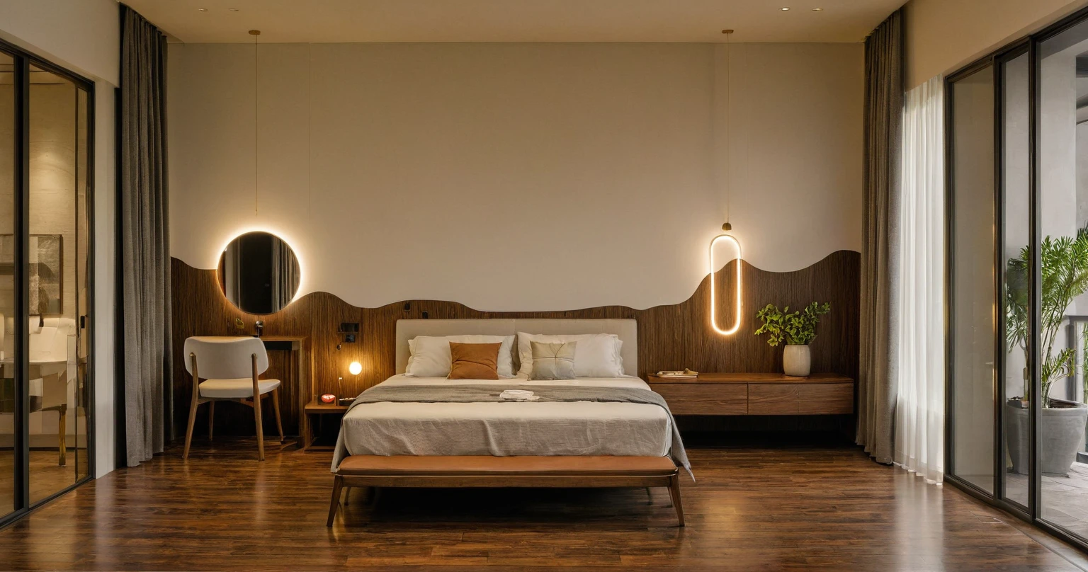 Raw photo,Masterpiece, high quality, best quality, authentic, super detail, interior, indoors,  style Indochine modern, minimalist line, aiaigroup , wooden, walnut veneer wood, led light, white paint wall, sofa, BED RooM, day light, 