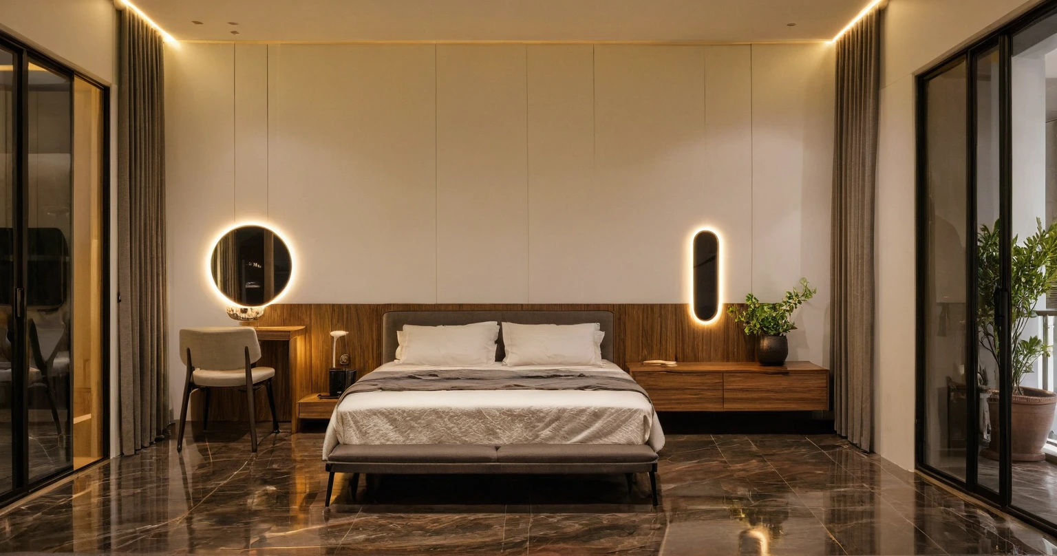 Raw photo,Masterpiece, high quality, best quality, authentic, super detail, interior, indoors,  style Indochine modern, minimalist line, aiaigroup , wooden, walnut veneer wood, led light, white paint wall, sofa, BED RooM, day light, 