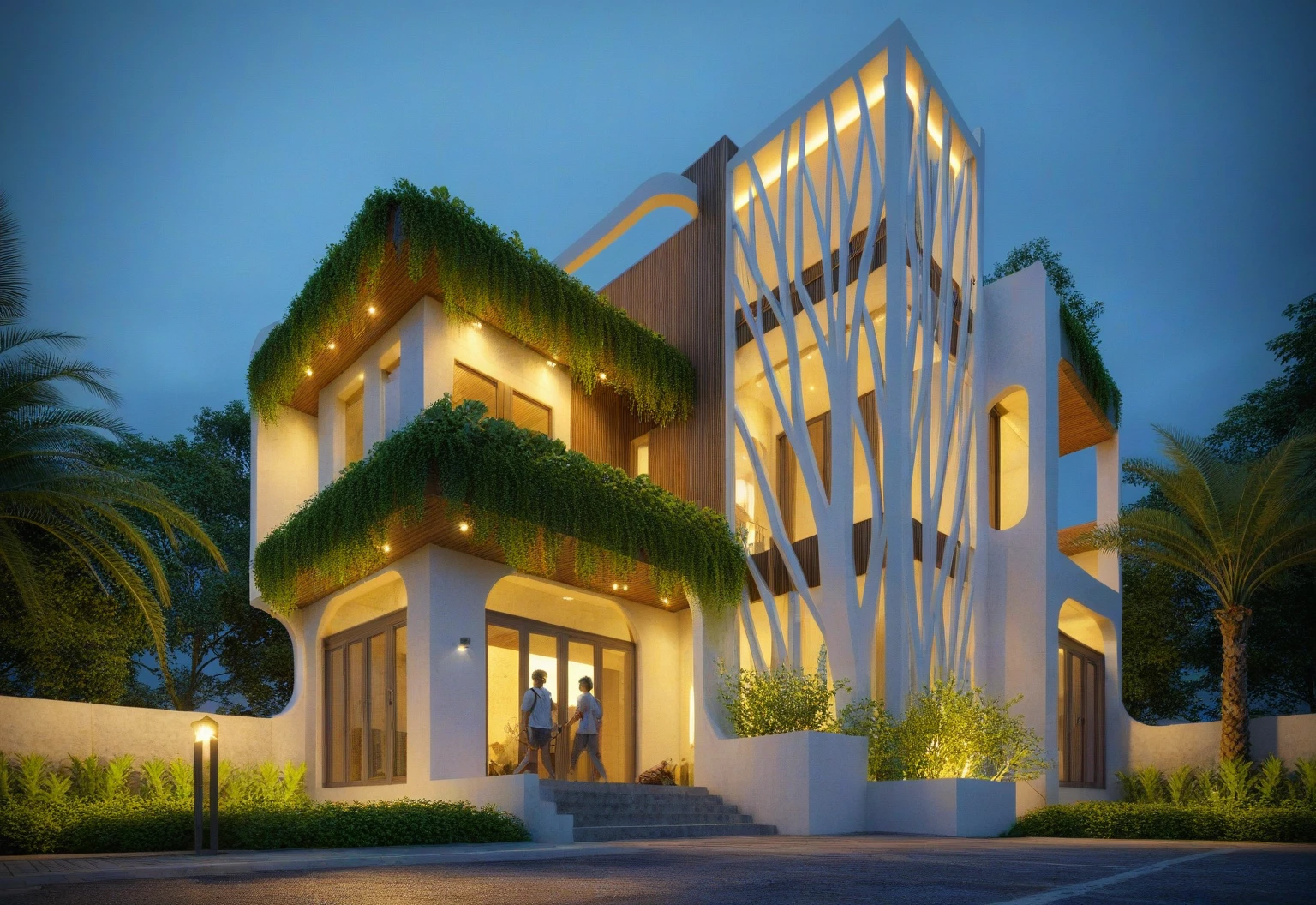 Raw photo,Masterpiece, high quality, best quality, authentic, super detail,
exterior, outdoors, house style tropical villa, glass windows, gate, wooden ceiling, white house, people, animal, ((night1.1))
road,pavement, grass, trees, sky, cloud, vivid colour, background forest