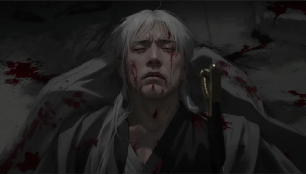 The character shown is a man with white hair, His facial expression shows pain and anguish, with his eyes half-closed and his mouth slightly open, suggesting that he might be in his final moments or experiencing intense suffering, Blood is visible on his face and clothes, indicating he has sustained severe injuries, The background is dark and gloomy, contributing to the grim and somber mood of the scene. There is a sense of chaos and violence, implied by the blood splatters around the character, The lighting is minimal, with shadows casting a foreboding atmosphere, enhancing the dramatic tension, The character's attire seems to be traditional, possibly a kimono or similar clothing, which might place him in a historical or samurai-themed anime, Blood stains are evident on his clothes and the ground around him, suggesting a recent and violent encounter, The character’s skin appears pale, which could be due to blood loss, shock, or a stylistic choice to emphasize the severity of the situation, A sword hilt is visible in the foreground, pointing towards the character, This suggests the presence of another character who might be responsible for the injuries or is there to finish him off, The positioning of the sword hilt and the character's gaze, which appears to be directed towards the weapon, imply a confrontation or a pivotal moment in the narrative