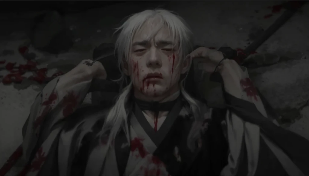 The character shown is a man with white hair, His facial expression shows pain and anguish, with his eyes half-closed and his mouth slightly open, suggesting that he might be in his final moments or experiencing intense suffering, Blood is visible on his face and clothes, indicating he has sustained severe injuries, The background is dark and gloomy, contributing to the grim and somber mood of the scene. There is a sense of chaos and violence, implied by the blood splatters around the character, The lighting is minimal, with shadows casting a foreboding atmosphere, enhancing the dramatic tension, The character's attire seems to be traditional, possibly a kimono or similar clothing, which might place him in a historical or samurai-themed anime, Blood stains are evident on his clothes and the ground around him, suggesting a recent and violent encounter, The character’s skin appears pale, which could be due to blood loss, shock, or a stylistic choice to emphasize the severity of the situation, A sword hilt is visible in the foreground, pointing towards the character, This suggests the presence of another character who might be responsible for the injuries or is there to finish him off, The positioning of the sword hilt and the character's gaze, which appears to be directed towards the weapon, imply a confrontation or a pivotal moment in the narrative