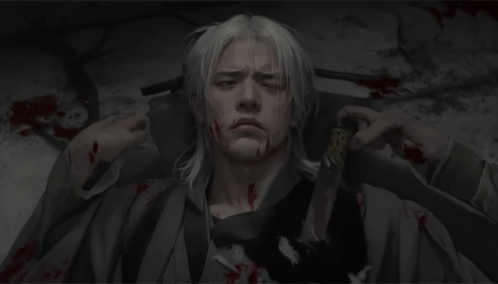The character shown is a man with white hair, His facial expression shows pain and anguish, with his eyes half-closed and his mouth slightly open, suggesting that he might be in his final moments or experiencing intense suffering, Blood is visible on his face and clothes, indicating he has sustained severe injuries, The background is dark and gloomy, contributing to the grim and somber mood of the scene. There is a sense of chaos and violence, implied by the blood splatters around the character, The lighting is minimal, with shadows casting a foreboding atmosphere, enhancing the dramatic tension, The character's attire seems to be traditional, possibly a kimono or similar clothing, which might place him in a historical or samurai-themed anime, Blood stains are evident on his clothes and the ground around him, suggesting a recent and violent encounter, The character’s skin appears pale, which could be due to blood loss, shock, or a stylistic choice to emphasize the severity of the situation, A sword hilt is visible in the foreground, pointing towards the character, This suggests the presence of another character who might be responsible for the injuries or is there to finish him off, The positioning of the sword hilt and the character's gaze, which appears to be directed towards the weapon, imply a confrontation or a pivotal moment in the narrative
