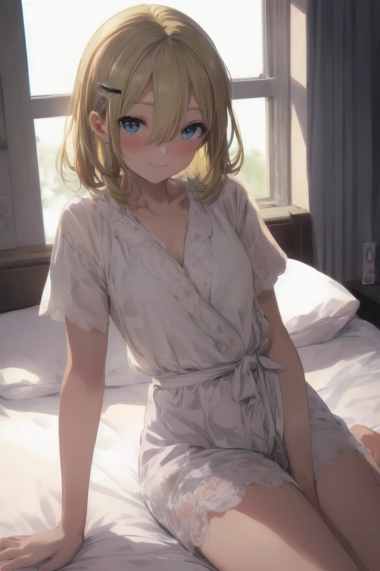 Highest quality, Anime Moe Art Style,Best Anime 8K Konachan Wallpaper,Perfect Anatomy, (One Girl:1.5), (alone,13 years old:1.8),high school student, short hair, (Straight hair:1.6),(Blonde:1.8),Complete limbs, Full Finger,(large breast),Small eyes,Accurate blue eyes, (hair over one eye:1.5),Hair Clip ,masterpiece, best quality, very aesthetic,intricate details,full body, 1 girl, 独奏,(realistic clothes:0.1), from below,look at viewer,
BREAK,
smile:1.4,embarrassed:0.4,
BREAK,
indoor,bedroom,sit on bed with wariza,wrap the body in white sheets,
BREAK,
blue eyes,
BREAK,
blond hair and short cut and straight, hair over one eye