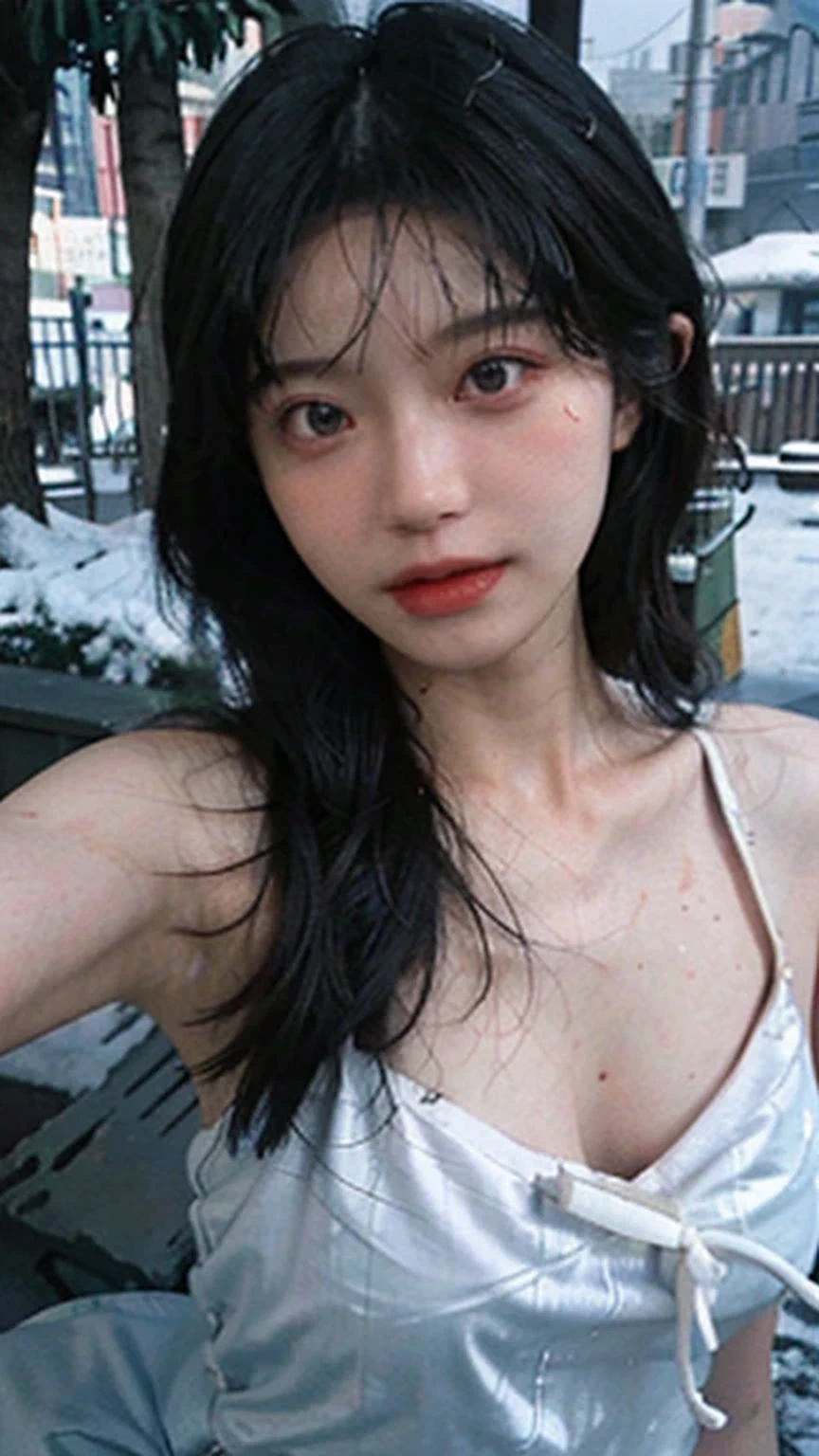 Film Portrait Photography, 2 girls, 2 girls，twin，Bare shoulders,, Snow white sling，Large Breasts ，(Realistic and detailed eyes, Natural skin texture, Realistic facial details),, Depth of Field, Bokeh, Vivid details, Detailed and detailed, Surrealism, 35 mm film, hazy, ,Selfie，