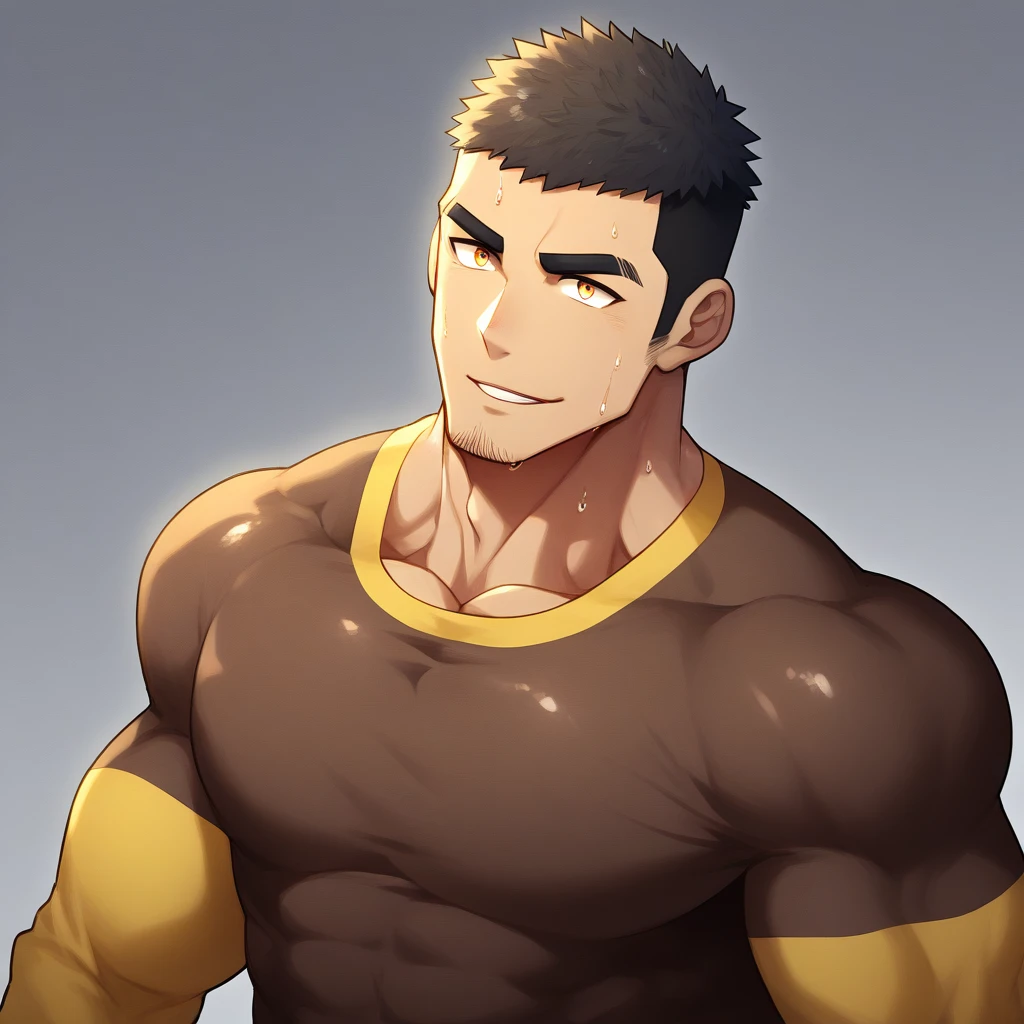 anime characters：Gyee, Muscle Sports Student, 1 muscular tough guy, Manliness, male focus, Light yellow high collar long sleeve tight T-shirt, Very tight, The clothes were soaked with sweat, The pectoral muscles are oversized, Slightly transparent, muscular male, muscular, only, Upper body, alone, Black short hair, Thick eyebrows, stubble, Yellow eyes, Grey background, simple background, amazing quality, best aesthetics, Ridiculous, bright pupils, crew cut, parted lips, seductive smile, torogao, naughty face, drop shadow, best quality