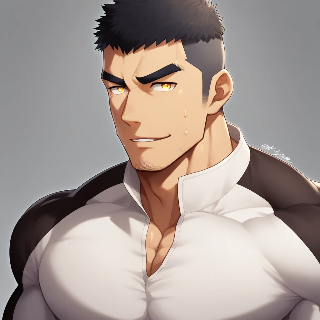 anime characters：Gyee, Muscle Sports Student, 1 muscular tough guy, Manliness, male focus, Light yellow high collar long sleeve tight T-shirt, Very tight, The clothes were soaked with sweat, The pectoral muscles are oversized, Slightly transparent, muscular male, muscular, only, Upper body, alone, Black short hair, Thick eyebrows, stubble, Yellow eyes, Grey background, simple background, amazing quality, best aesthetics, Ridiculous, bright pupils, crew cut, parted lips, seductive smile, torogao, naughty face, drop shadow, best quality