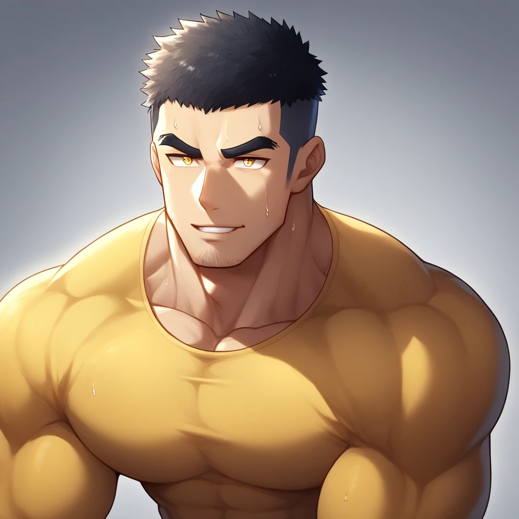 anime characters:Gyee, Muscle Sports Student, 1 muscular tough guy, Manliness, male focus, Light yellow high collar long sleeve tight T-shirt, Very tight, The clothes were soaked with sweat, The pectoral muscles are oversized, Slightly transparent, muscular male, muscular, only, Upper body, alone, Black short hair, Thick eyebrows, stubble, Yellow eyes, Grey background, simple background, amazing quality, best aesthetics, Ridiculous, bright pupils, crew cut, parted lips, seductive smile, torogao, naughty face, drop shadow, best quality