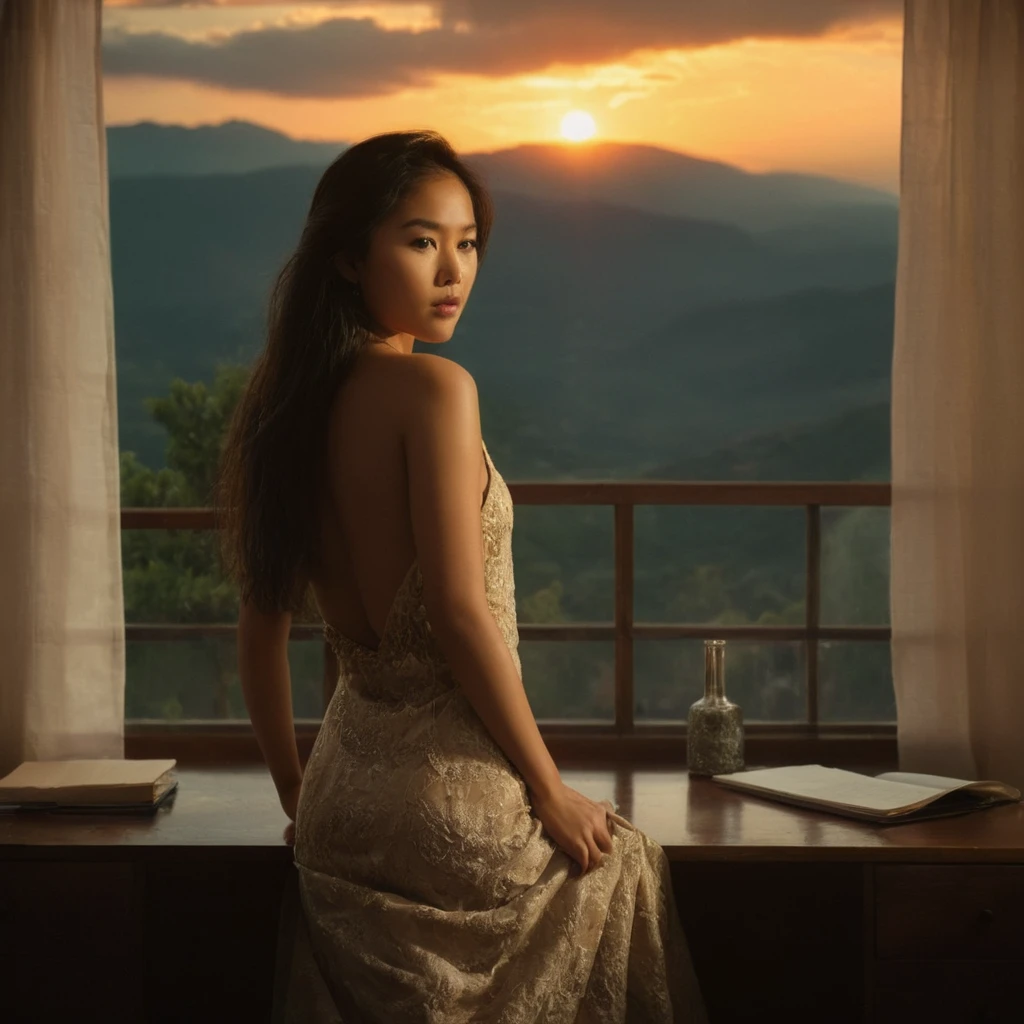 cinematic film still of  warm light,a sunset with a tree and mountains in the background,warm lighting style, young asian female model, perfect body, sleeveless dress, bedroom, desk, messy room, realistic, looking at viewer, window, pretty, arms behind back, from above, stormy sky, dim light at cozy bedroom,, (masterpiece, best quality, very aesthetic, ultra detailed), intricate details