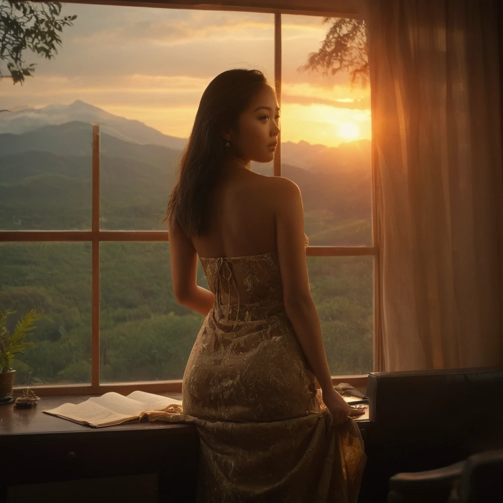 cinematic film still of  warm light,a sunset with a tree and mountains in the background,warm lighting style, young asian female model, perfect body, sleeveless dress, bedroom, desk, messy room, realistic, looking at viewer, window, pretty, arms behind back, from above, stormy sky, dim light at cozy bedroom,, (masterpiece, best quality, very aesthetic, ultra detailed), intricate details