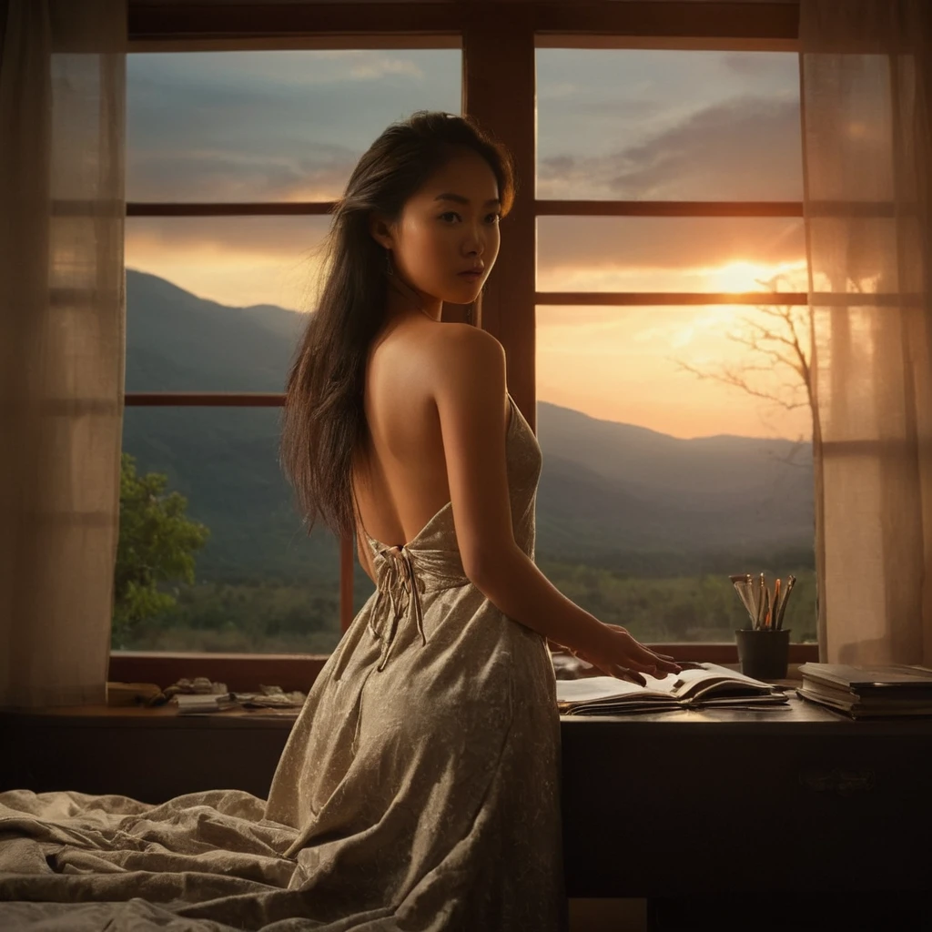 cinematic film still of  warm light,a sunset with a tree and mountains in the background,warm lighting style, young asian female model, perfect body, sleeveless dress, bedroom, desk, messy room, realistic, looking at viewer, window, pretty, arms behind back, from above, stormy sky, dim light at cozy bedroom,, (masterpiece, best quality, very aesthetic, ultra detailed), intricate details