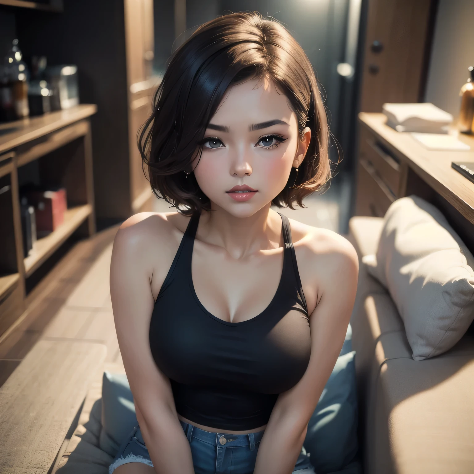 Sexy woman, short brown hair, middle part, lots of makeup, perfect red lips, loose blue tank top, black short shorts