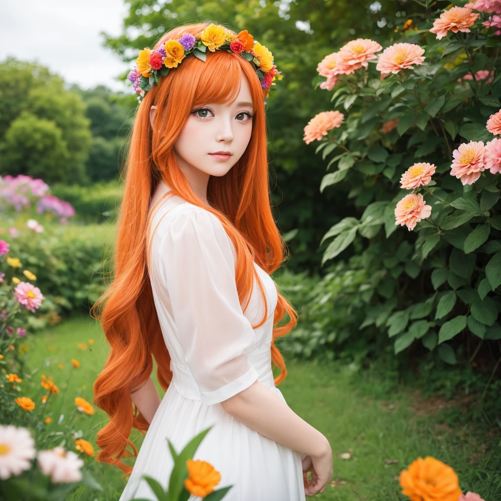 A woman with long orange hair is standing in the middle. Watching the viewer She has a flower crown in her hair Background々Surrounded by colorful flowers Anime Style Sparkling Eyes Image is landscape