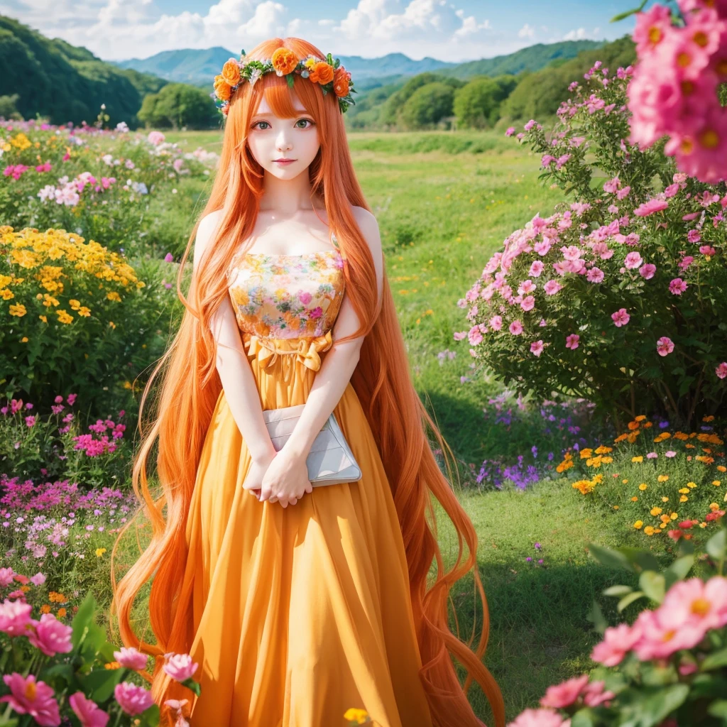 A woman with long orange hair is standing in the middle. Watching the viewer She has a flower crown in her hair Background々Surrounded by colorful flowers Anime Style Sparkling Eyes Image is landscape