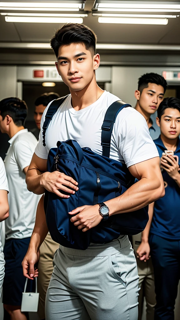 1人，A 20-year-old man in the subway，Standing in a subway car，Ultra-flat head，Wearing a suit and pants，huge bulge, leg apart，musculous，Handsome，Look at your phone，Wear AirPods，Wear an Apple Watch， backpack，white short socks，White sneakers，pervert smirk，exhilarated，full bodyesbian，Exposing thighs，Expose calves，Thick leg hair，In crowded subway cars，gentlesoftlighting，tmasterpiece，best qualtiy，8K UHD，digital SLR camera，filmgrain，Fujifilm XT3 Realistic painting art，Written by Midjourney and Greg Rutkowski