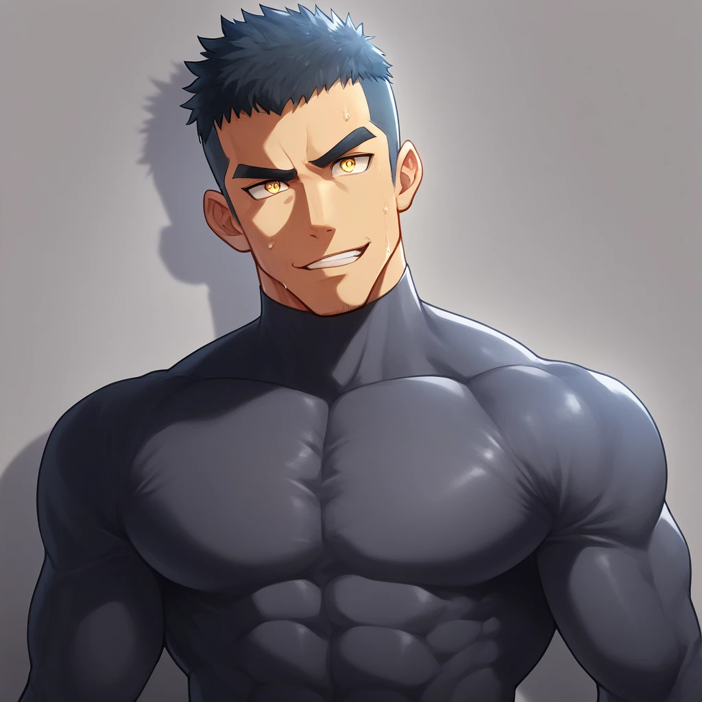 anime characters：Gyee, Muscle Sports Student, 1 muscular tough guy, Manliness, male focus, Mike White high collar long sleeve tight T-shirt, Very tight, The clothes were soaked with sweat, The pectoral muscles are oversized, Slightly transparent, muscular male, muscular, only, Upper body, alone, Black short hair, Thick eyebrows, stubble, Yellow eyes, Grey background, simple background, amazing quality, best aesthetics, Ridiculous, bright pupils, crew cut, parted lips, seductive smile, torogao, naughty face, drop shadow, best quality