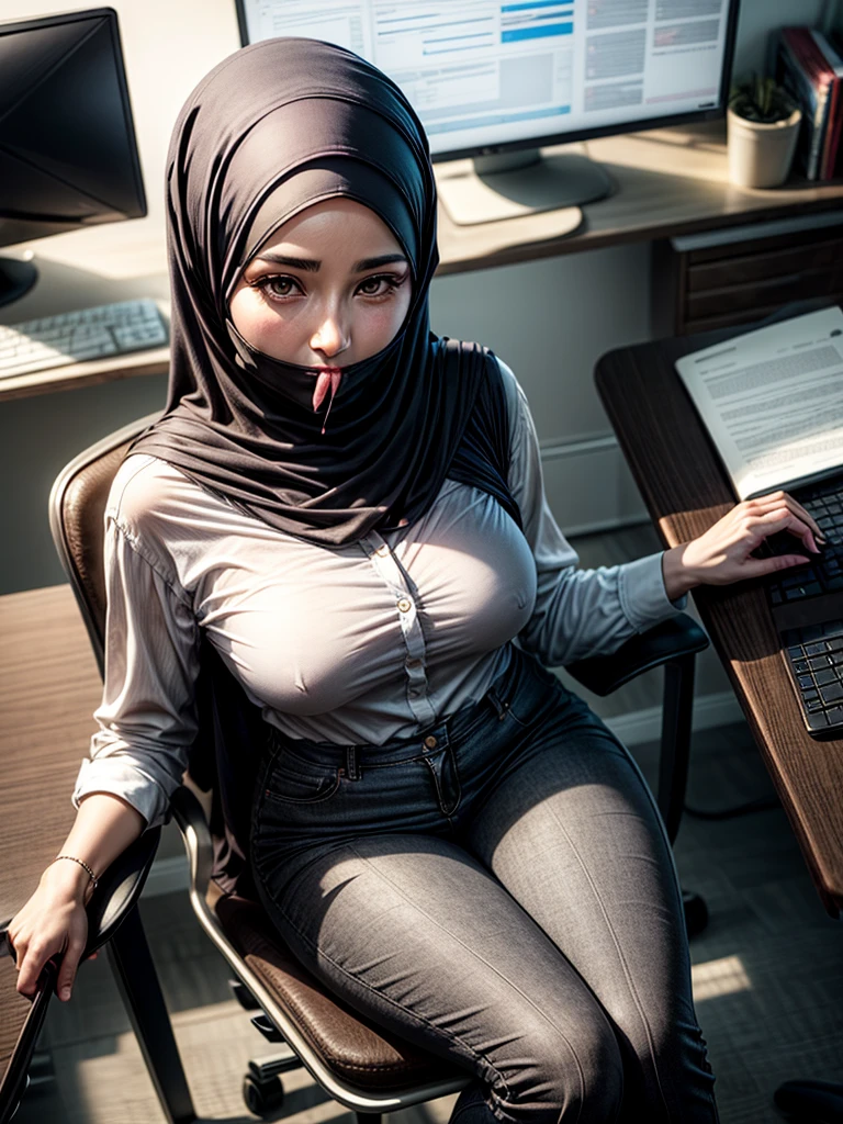 (1 mature girl), 48 years old, sitting on a chair in an office, ((wearing hijab)), wearing white long shirt, wearing fabric long pants, shot from above, wearing niqab, wearing mouth cover