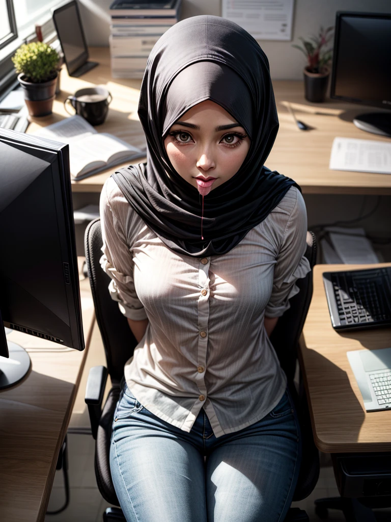 (1 mature girl), 48 years old, sitting on a chair in an office, ((wearing hijab)), wearing white long shirt, wearing fabric long pants, shot from above, wearing niqab, wearing mouth cover