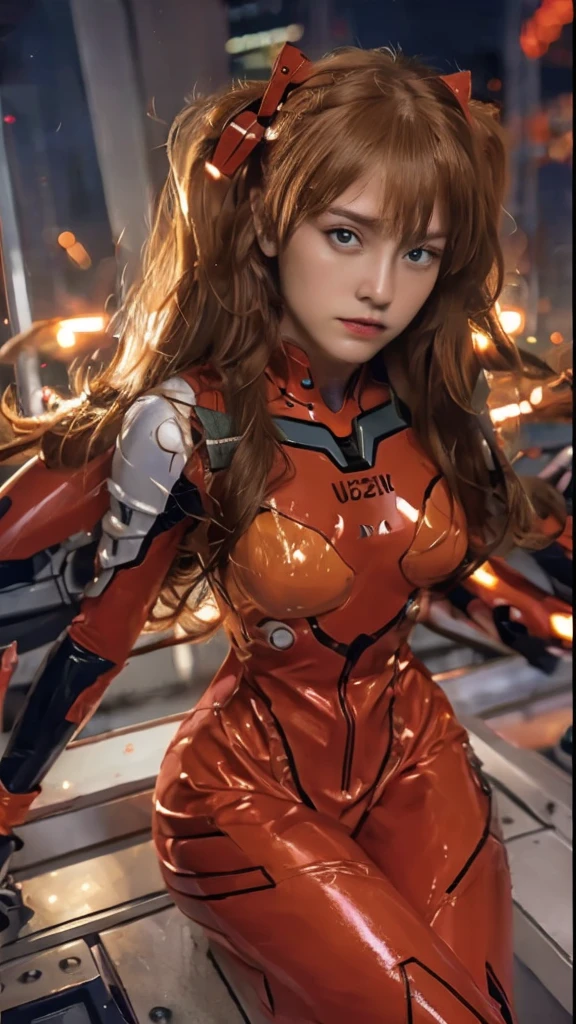 4k, high definition, raw, asuka evangelion, beautiful detailed eyes, beautiful detailed lips, extremely detailed eyes and face, long eyelashes, realistic, photorealistic, photo-realistic:1.37, studio lighting, ultra-fine painting, sharp focus, physically-based rendering, extreme detail description, professional, vivid colors, bokeh, portraits, concept artists, dark blue, dramatic lighting
