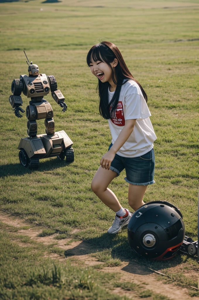 Korean girl In a fit Laughing at the battle robot in the grass