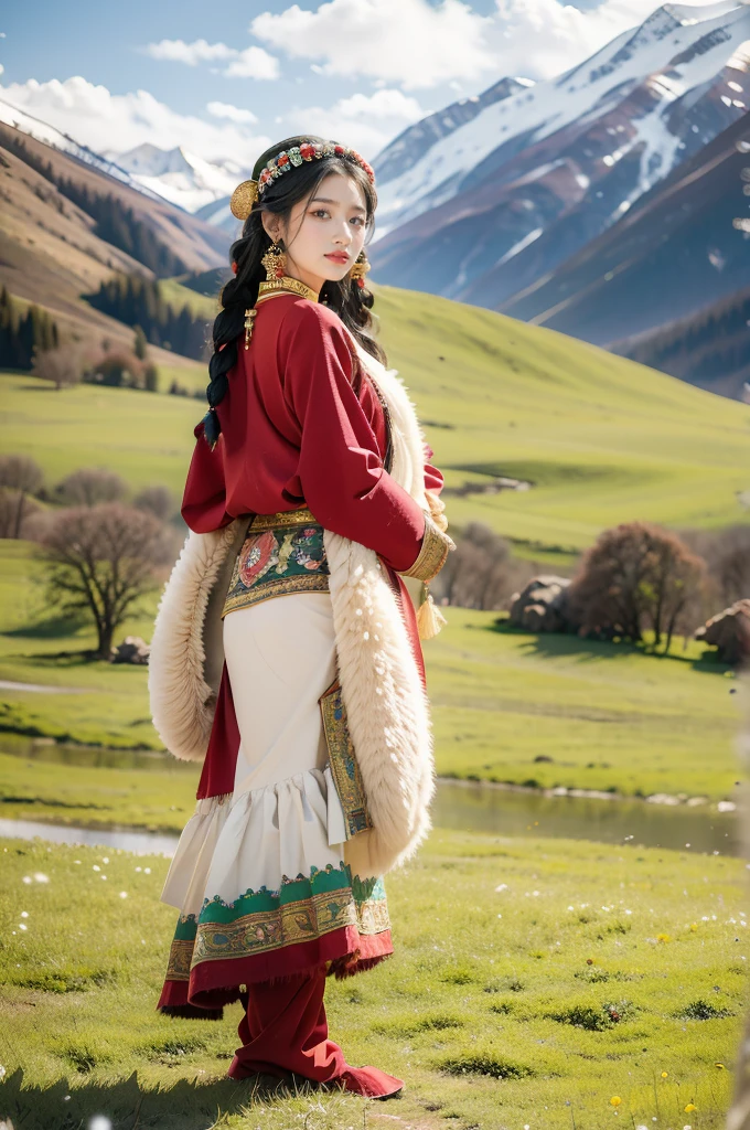 (((best quality))),(((ultra detailed))),(((masterpiece))),illustration,a beautiful Tibetan girl,solo,slim,earrings,necklace,flat chest,Plush hat,parted red lips,snow-capped plateau,magnificent red traditional outfit,radiant smile,Standing by the roadside,vast verdant grasslands,majestic snow-capped peaks,striking appearance,dark almond-shaped eyes,sparkling with joy,long flowing black hair,intricate braids,colorful beads,jewelries,intricately woven ribbons,red rob embroidered with golden threads,Tibetan culture,lush green grasslands,serene ambiance,sheep and yaks grazing,crisp air,invigorating scent of the highland,beauty and resilience,pure bliss,full body,arms behind back,slender legs,boots,