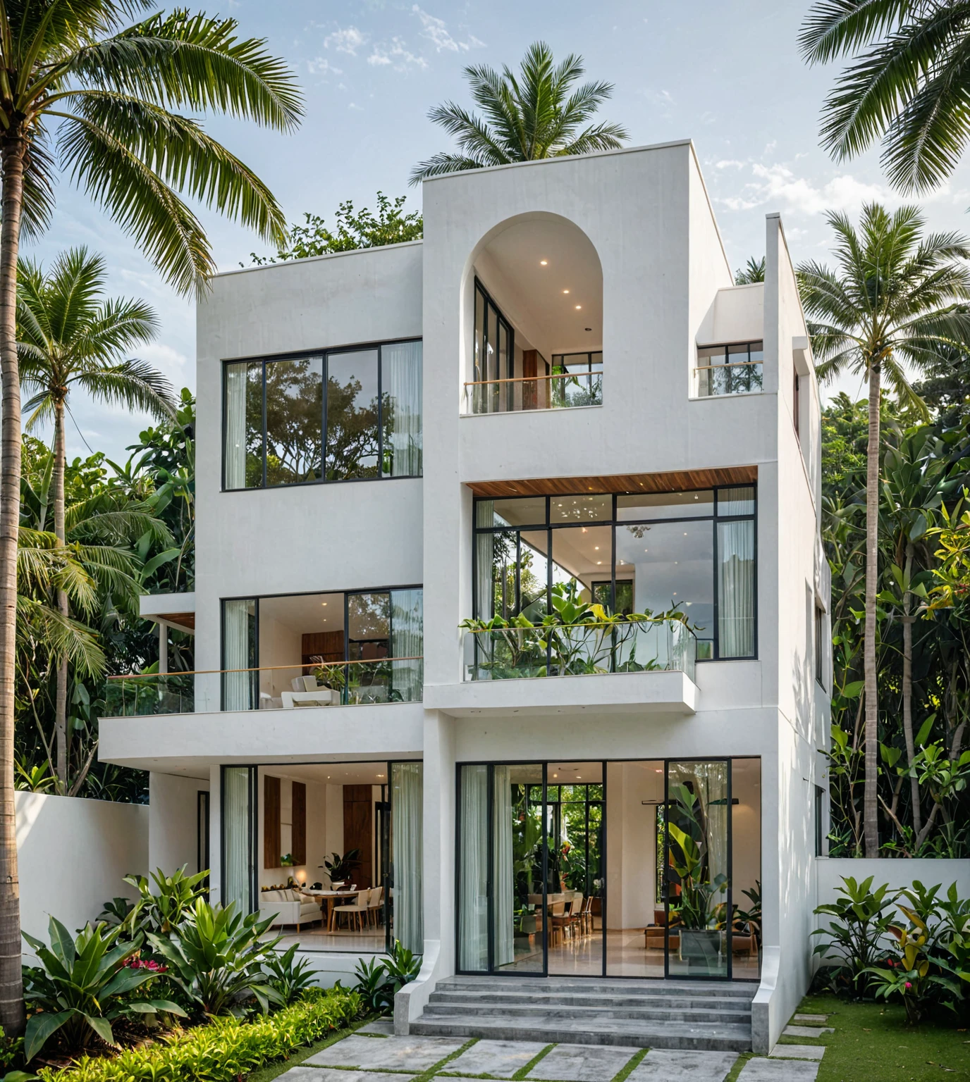 RAW photo,Masterpiece, high quality, best quality, authentic, super detail,
modern house, exterior, modern house with white wall and windows, daylight, tropical trees, tropical garden, the street on Viet Nam, archdaily architecture,
(high detailed :1.2), 8k uhd, dslr, soft lighting, high quality, film grain, Fujifilm XT3