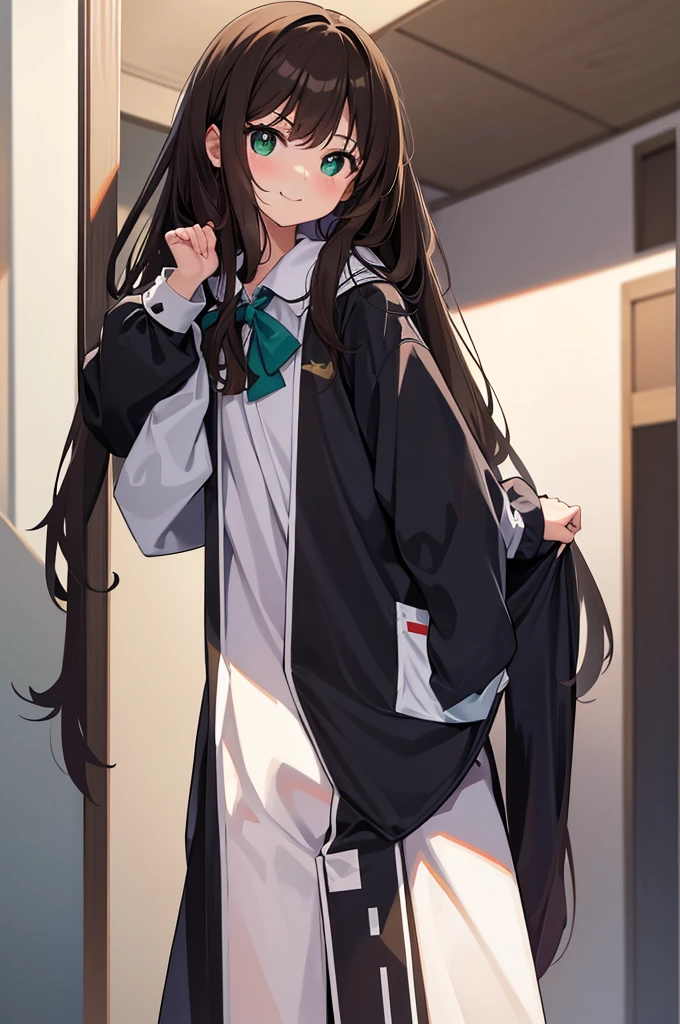 Please draw a high school girl with long brown hair.。Wearing a long-sleeved uniform。Please use a plain white background。Standing with the whole body facing forward。The face is smiling with the mouth closed。Keep your arms hanging down at your sides。Please shoot from the head to the upper body。Cat eyes and green eye color。No pose needed。