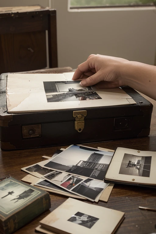 A desk with several old and damaged photographs scattered. A hand picks up a photograph in the hope of seeing it. That photograph is in good condition., fully restored