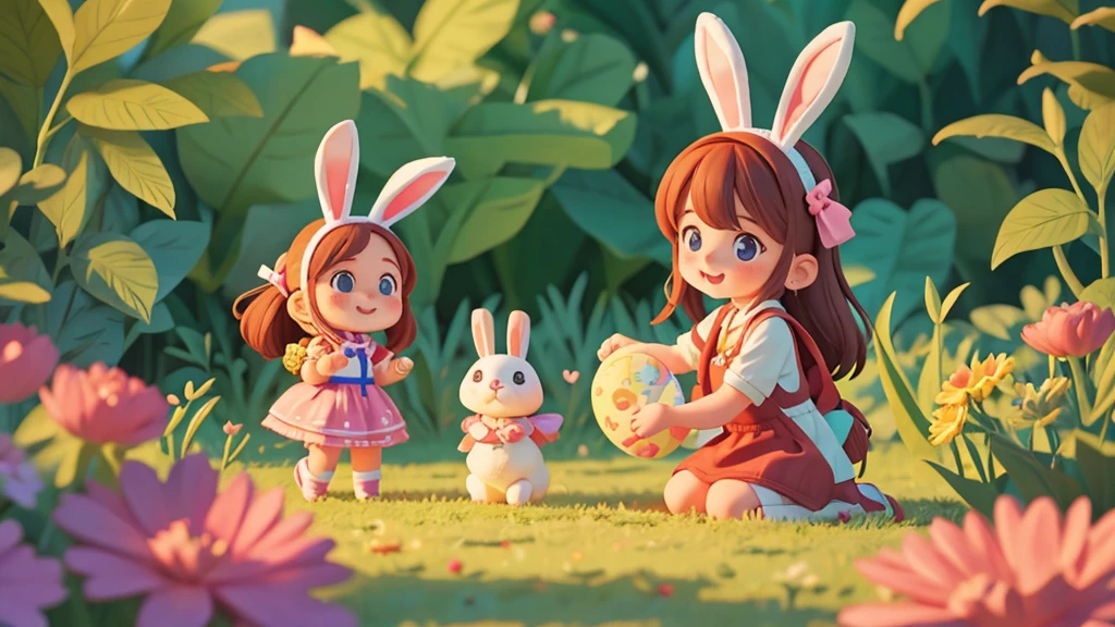 Cute one Sarah watching the bunny with excitement in her eyes ixar style, best quality, stills,