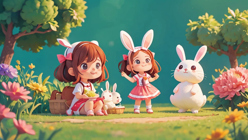 Cute one Sarah watching the bunny with excitement in her eyes ixar style, best quality, stills,