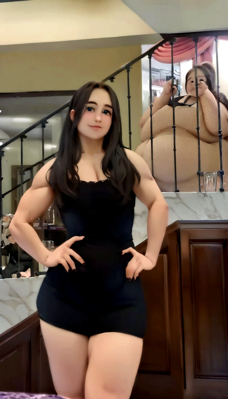 there is a woman in a black dress posing for a photo, violet myers, she is wearing a black dress, wearing a tight black dress, Cute face with arms and legs, she is wearing a black blouse, she has a round and fat belly, she is facing the camera, she is around , posing and flexing