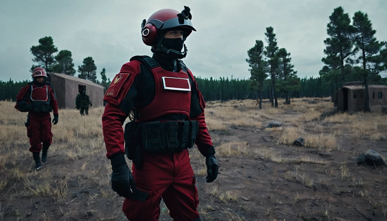 Soldiers in a dark red military uniform in a futuristic helmet near a military post in the middle of the steppe with some pine trees and a little drought, dark atmosphere