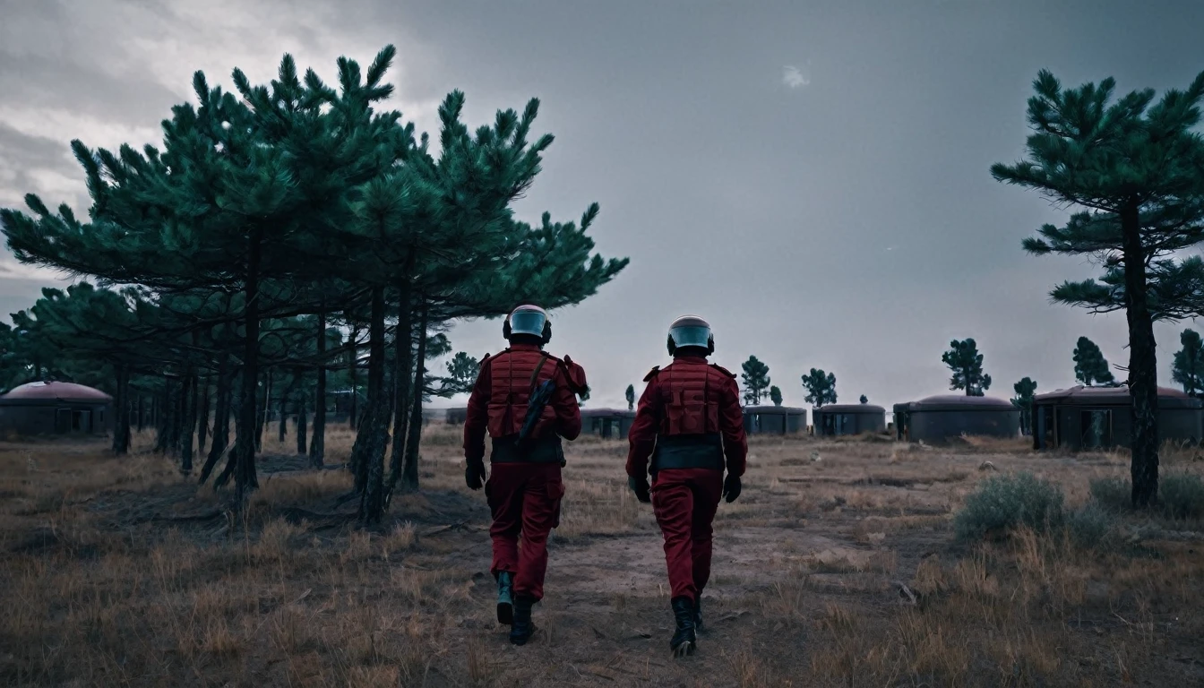 Soldiers in a dark red military uniform in a futuristic helmet near a military post in the middle of the steppe with some pine trees and a little drought, dark atmosphere